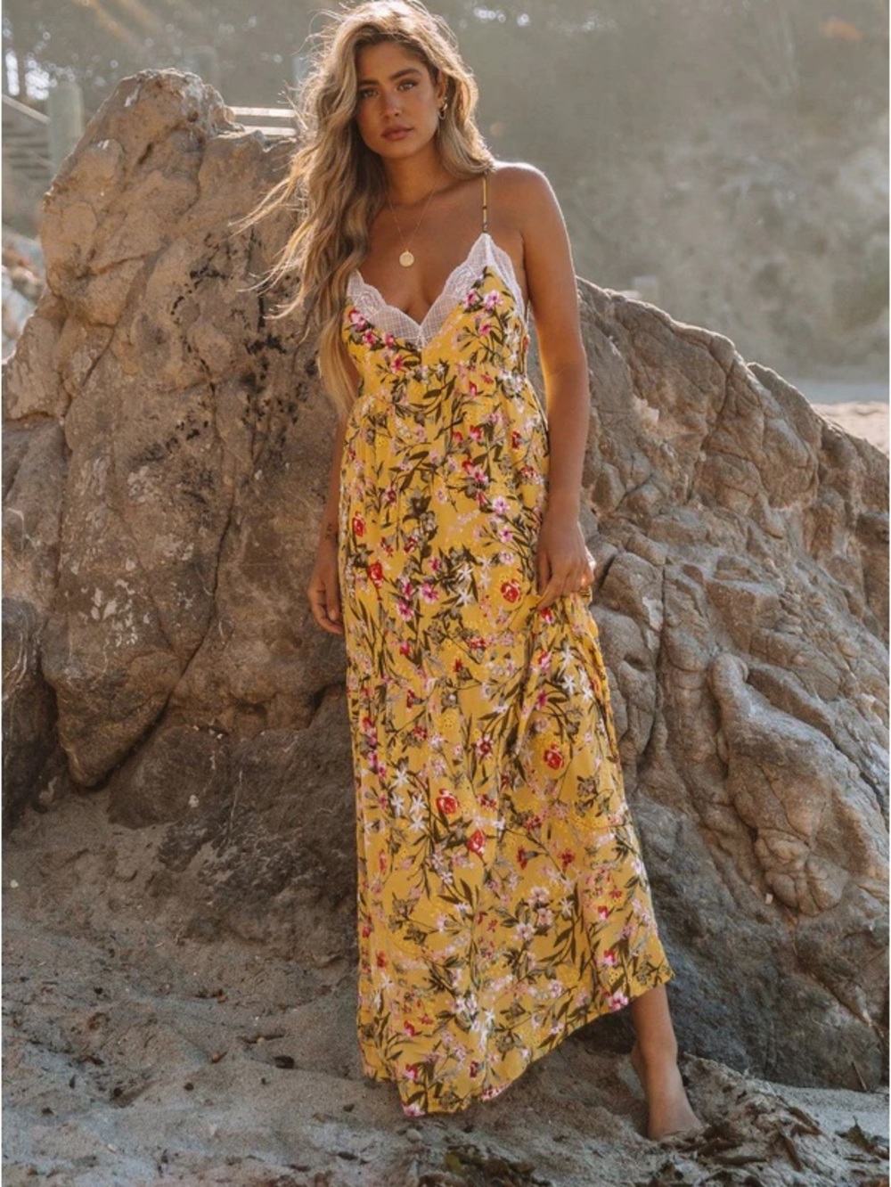 Lovestitch Lemon Drop Tiered Embroidered Slip Maxi Dress Floral Bohemian- Medium
